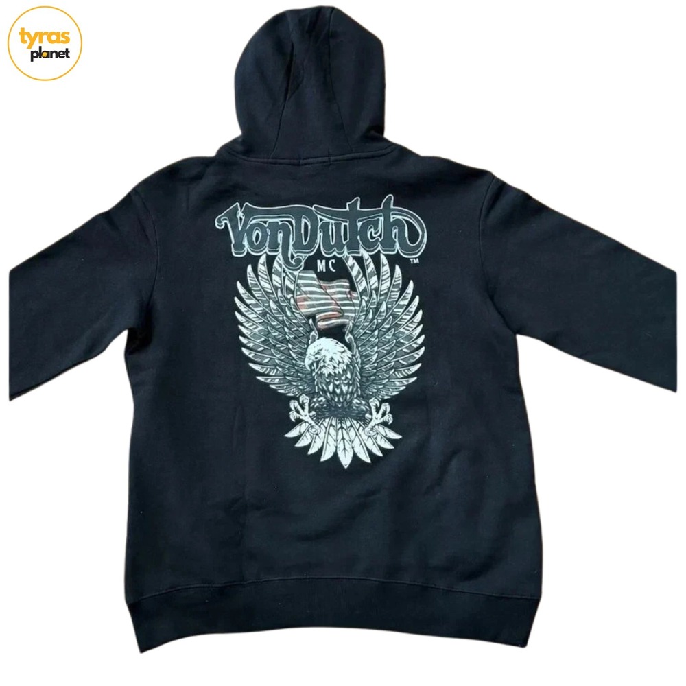 Von Dutch Motorcycle Club Logo Eagle Wing Pullover Sweatshirt Hoodie Black XL